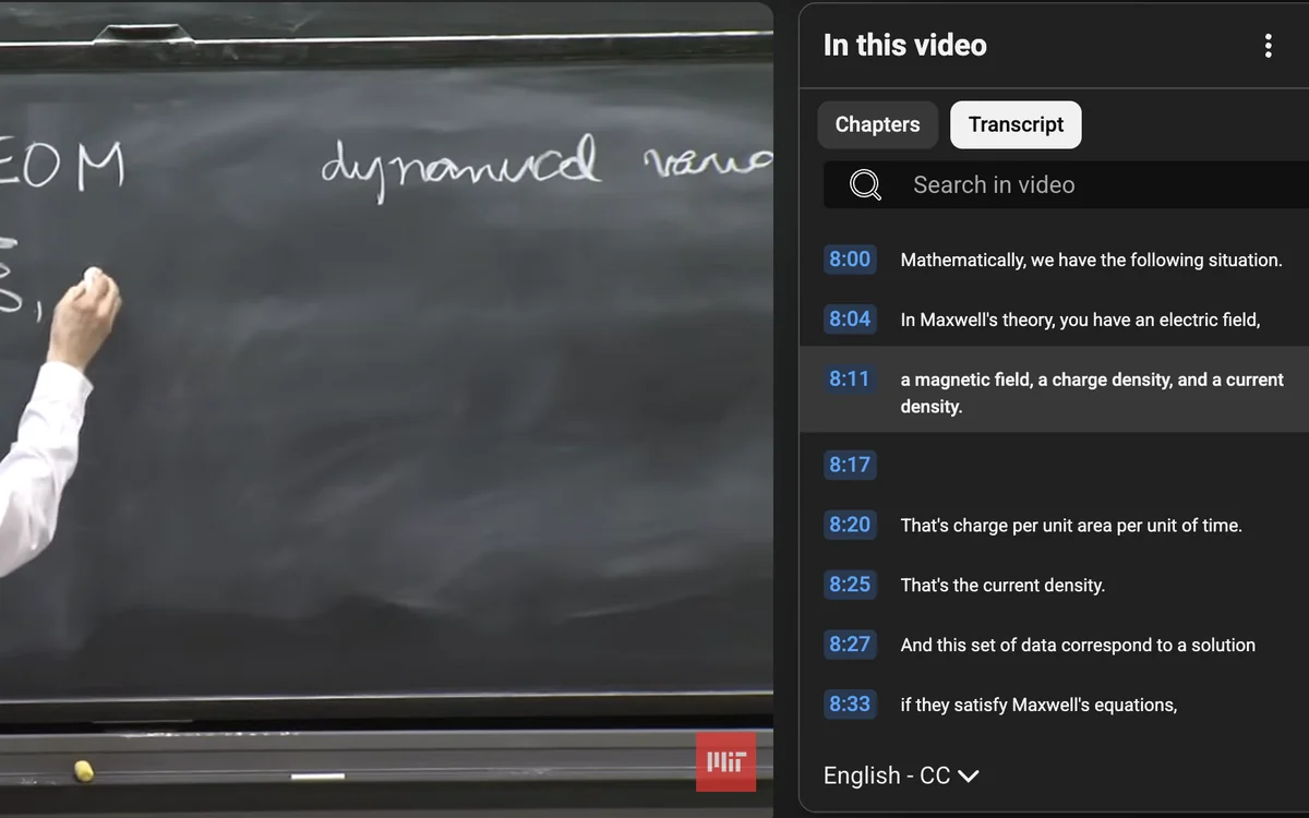 A public YouTube lecture with its transcript panel open, showing timestamped lines at 8:00, 8:04 and 8:11.