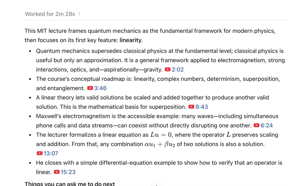 The plugin's answer inside ChatGPT: claims about the lecture, each followed by a clickable timestamp.