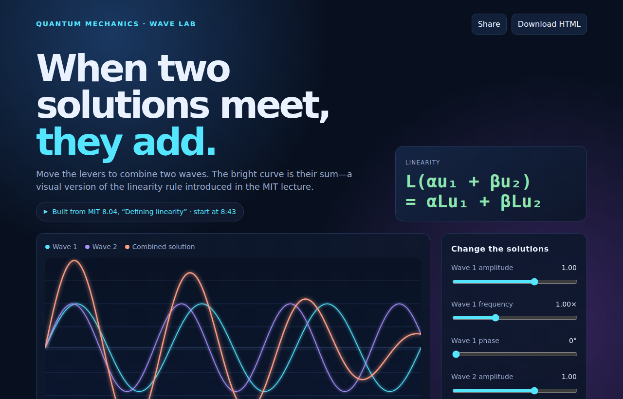 Linearity Wave Lab showing two waves and their combined sum