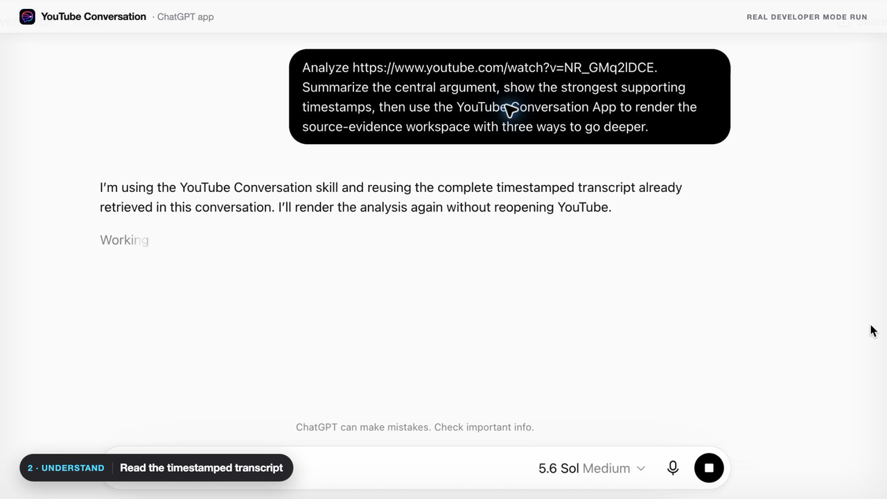 AskAVideo running inside ChatGPT with a YouTube link and a transcript-grounded request